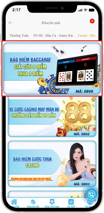 Bước 1: Tại Trang chủ » chọn Khuyến mãi » tại mục Casino - Đá Gà - Thể Thao » chọn Mã: SB08